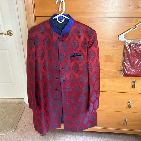 Red & Purple Brocade Indo-west Sherwani & Churidar Pants | Size 40 NWOT - Picture 1 of 6